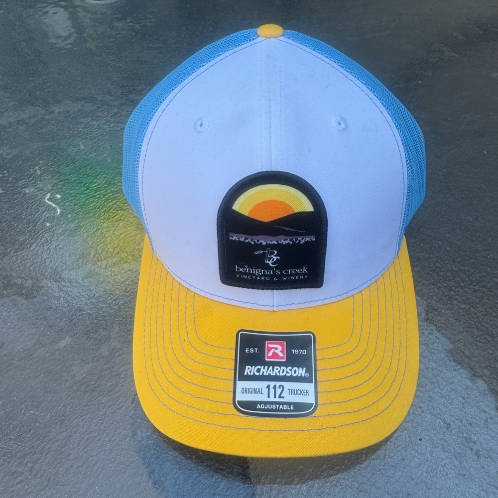 Richardson Yellow & Light Blue Trucker Hat with Benigna's Creek Patch